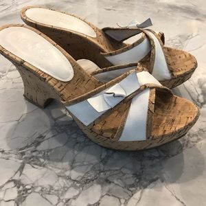 Guess White and Tan Cork Wedge Sandals
